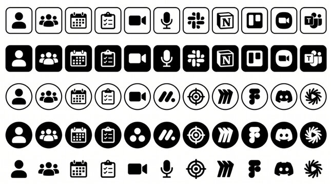 Productivity and collaboration icon set, social media logos, Notion, Slack, Microsoft Teams, Figma, Discord, Monday, Trello, Zoom, Miro, Loom. Business project management app icon collection, vector.
