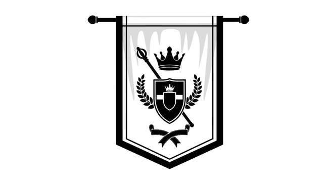 Black and white crest emblem banner.