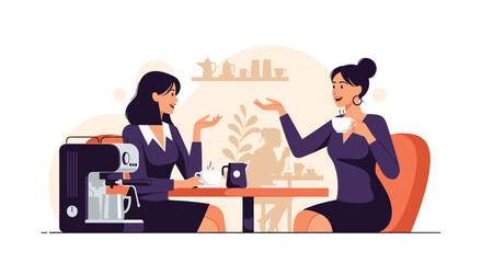 Fototapeta premium Two businesswomen engage in friendly conversation over cups of coffee at cafe table with professional espresso machine in foreground.
