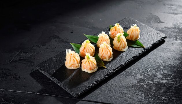 Elegant Har Gow Shrimp Dumplings with Delicate Pleats Served on a Slate Platter
