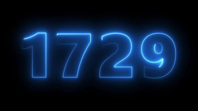 Neon blue number 1729 glowing on black background, mathematical hardy-ramanujan constant animation