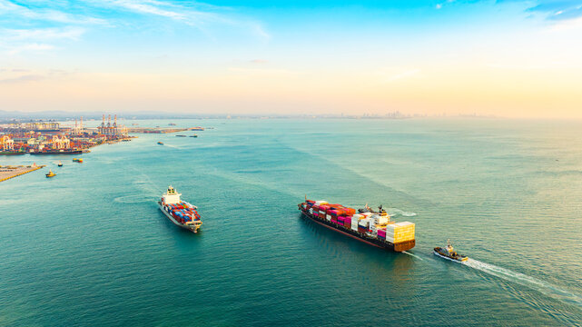 Aerial view of the freight shipping transport system cargo ship container. international transportation Export-import business, logistics, transportation industry concepts	