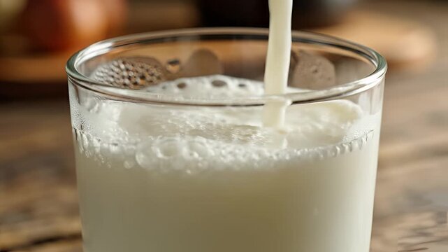 Fresh Milk Being Poured into a Clear Glass on a Wooden Table.