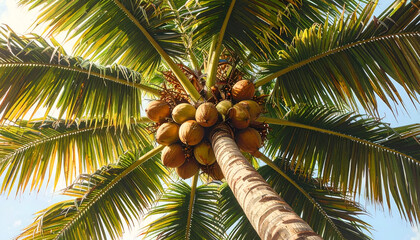 Fototapeta premium Close-up view of a cluster of ripe coconuts hanging from a palm tree.