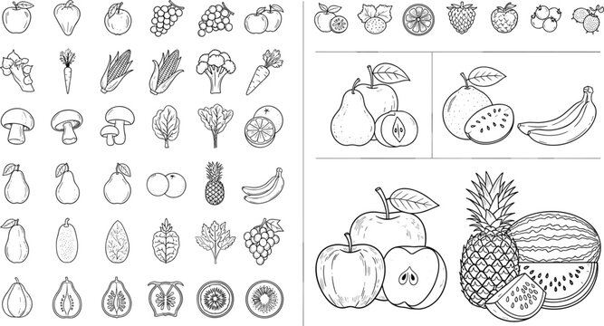 Hand drawn fruits and vegetables vector illustration set, black and white outline collection with various food items, healthy organic produce, sketch style design isolated