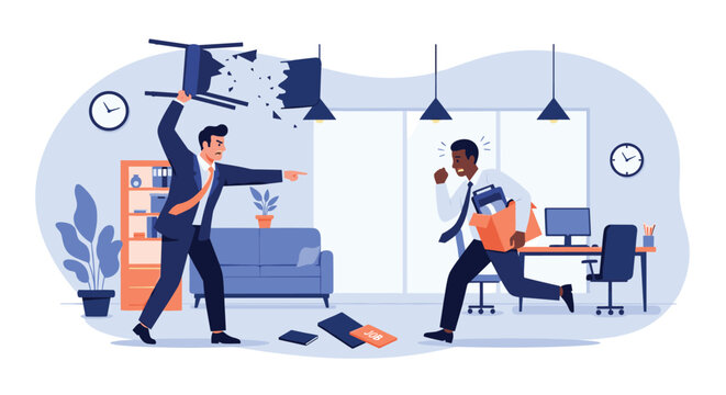 Angry boss throwing a chair in frustration as a scared employee runs out of the office with a box of belongings after being fired.