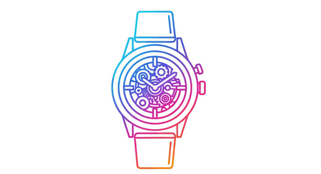 Vibrant gradient skeleton mechanical watch line art icon on white background for technology designs