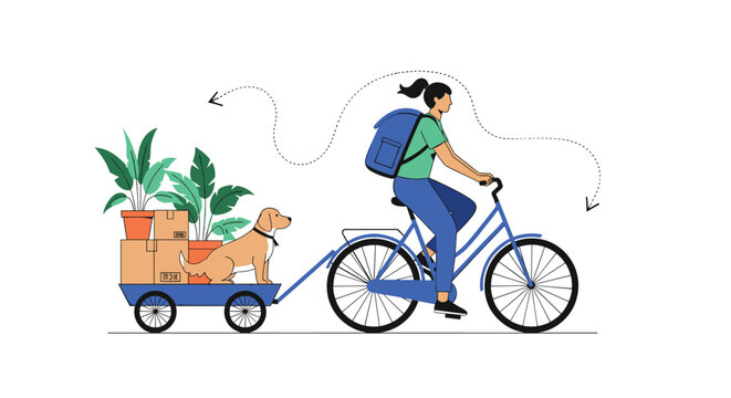 Environmentally friendly woman moving her belongings and pet dog using a bicycle and a small trailer on a city street.