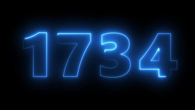 Neon blue glowing number 1734 digital countdown timer animation on black background