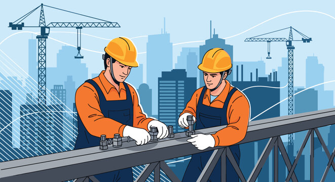 Two construction workers wearing safety gear and hard hats securely bolting a metal bridge structure high above a modern city.