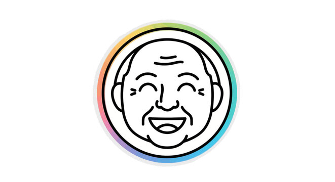 A cheerful elderly person's face radiating joy inside a vibrant rainbow-bordered circle design