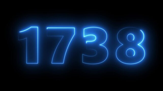 Glowing neon number 1738 in electric blue light on black background