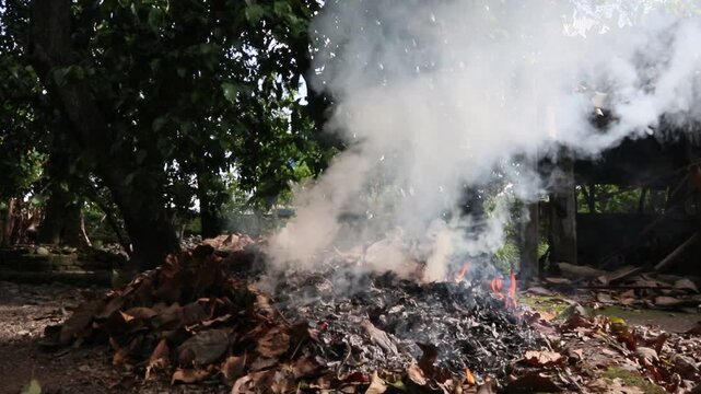 a pile of dry leaves burned in a yard in a rural area in Java, Indonesia