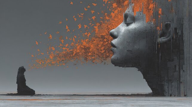 Abstract Digital Art of Metaphorical Fragmented Stone Face Exhaling Orange Birds to a Meditative Figure Illustration