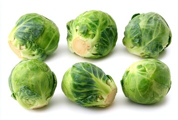 Fototapeta premium Six Fresh Green Brussels Sprouts With White Stems On A Clean White Background Illuminated By Soft Studio Lighting