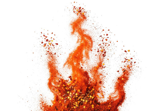 Vibrant red chili powder and flakes exploding upwards in a flame shape, isolated on transparent background
