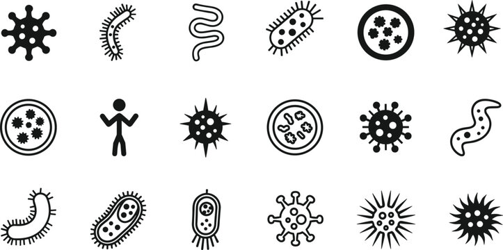 Microorganism and virus icons vector illustration, bacteria pathogen artwork, infection symbol design, medical science motif, microscopic organism graphics