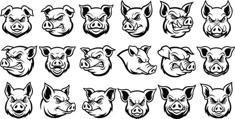 Obraz premium Pig head icons, stylized animal faces, cartoon pig expressions, bold black and white illustration, farm animal character design collection