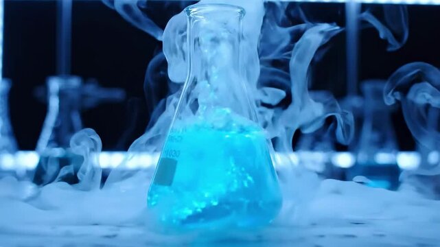 Dramatic science experiment glowing blue cube chemical reaction