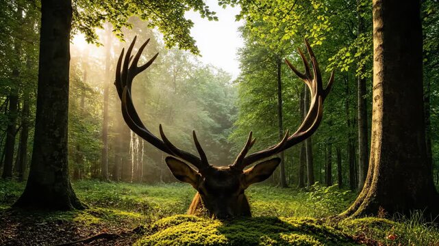 Majestic stag deer standing in a misty forest at dawn. The powerful wildlife animal with large antlers surveys the foggy woodland path bathed in golden sunbeams.