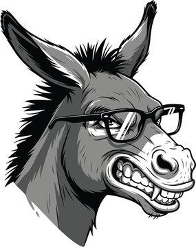 Donkey wearing glasses with a comically open mouth looking sideways