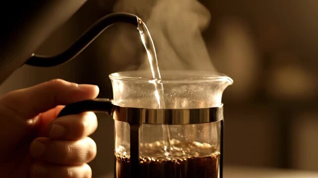 Close-up of a hand holding a French press filled with rich coffee grounds during a peaceful morning routine and gourmet brewing process.