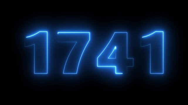 Glowing neon number 1741 animation on black background, digital signage blue