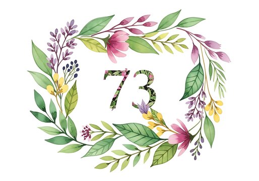 Watercolor floral wreath with number 73 a delicate and artistic botanical illustration