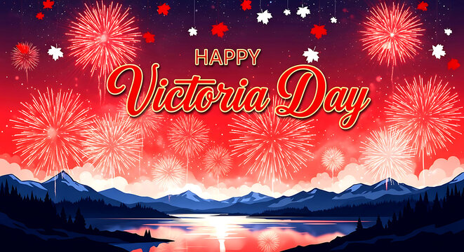 Happy Victoria Day Celebration Greeting Card with Fireworks Over Canadian Mountain Landscape