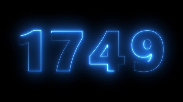 Neon blue glowing number 1749 animation on black background, digital countdown timer