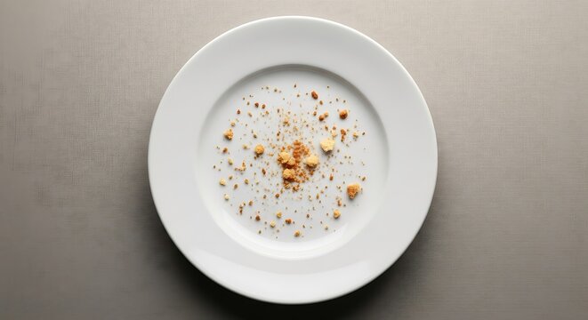 Empty white plate with bread or cookie crumbs on textured background