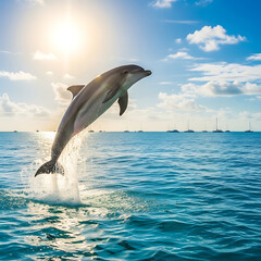 Fototapeta premium Two wild bottlenose dolphins jump together from the blue ocean water, creating a splash as these marine mammals enjoy swimming in their natural aquatic wildlife habitat