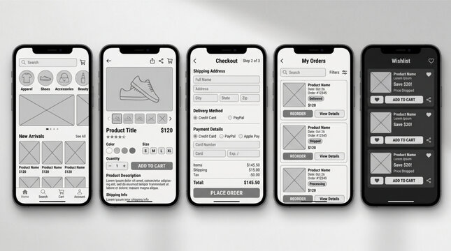Smartphone mockup set for e-commerce mobile app UI UX design, online store wireframe layout, user interface for shopping, product details, checkout, orders, wishlist screens, app development kit.
