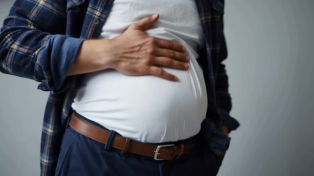 男性が室内でお腹に手を当てて立つ日中の近接ポートレート