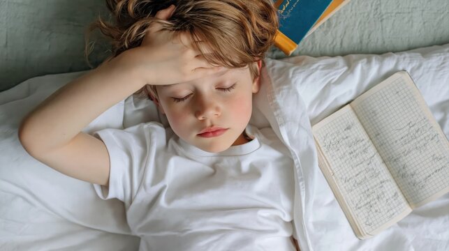 Homeschooling burnout and academic pressure tired child lying in with headache and schoolwork remote learning fatigue