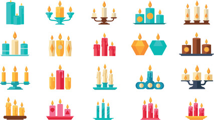 Naklejka premium Candle collection set with burning flames, decorative wax lights, romantic and festive elements, flat style vector illustration isolated