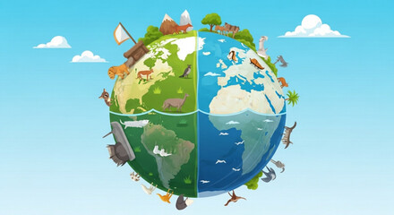 Naklejka premium Split earth globe illustration showing land and ocean environment