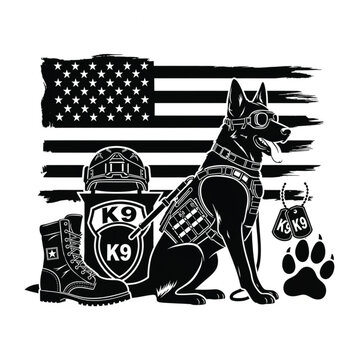American k9 police dog silhouette with patriotic background, Generative Ai