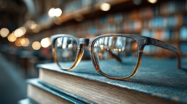 Atmospheric Close Up of Reading Glasses Resting on a Stack of Old Books in a Blurry Library Environment