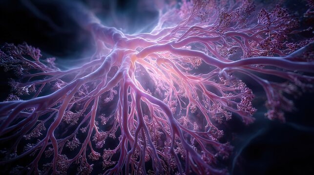 Abstract Scientific 3D Digital Render of a Complex Capillary Network Branching Structure for Medical Biology Healthcare Concept Illustration
