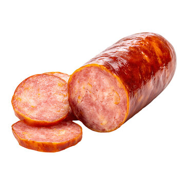 Sliced cured salami sausage with natural casing on white background