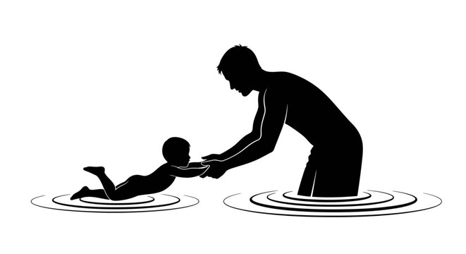 Father and child swimming silhouette conceptual illustration