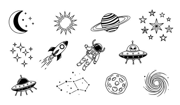 Space elements silhouette vector set with planets rocket astronaut and stars isolated on white background