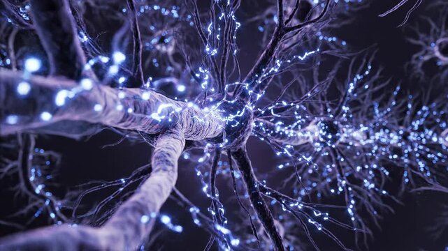 Close-up view of glowing neural network connections transmitting signals.