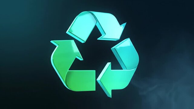 A 3D green and teal Mobius loop recycling symbol rotating smoothly against a subtle dark blue smoky background. This high-quality animation represents environmental sustainability, waste management, e