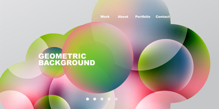 Abstract colorful circles overlap, creating dynamic background. Text labels present work, about, portfolio, contact options. Minimalist design.