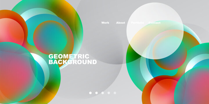 Abstract colorful shapes overlap, creating dynamic visual effect. Text labels present work, about, portfolio, contact options.