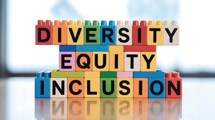 Naklejka premium Colorful blocks spelling diversity equity inclusion symbolizing ecological sustainability and green energy