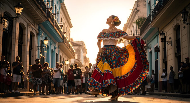 Joyful woman showcasing ethnic dance in vibrant costume among crowd