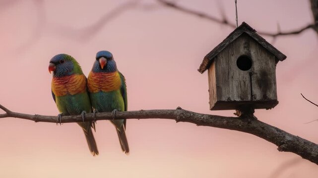 Two colorful lovebirds sitting closely on a natural wooden branch, with a dreamy pastel sky in the background. Suitable for marketing or business purposes